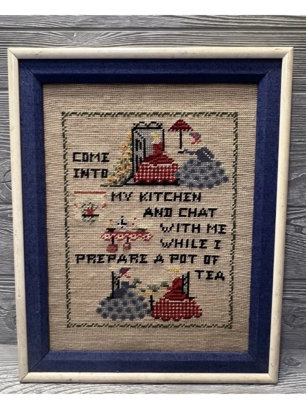 Vintage Framed Needlepoint Sampler Kitchen Tea Old Fashioned Wall Decor